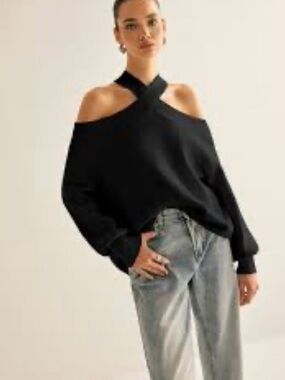 Commense Cross-Over Collar Cold Shoulder Sweater